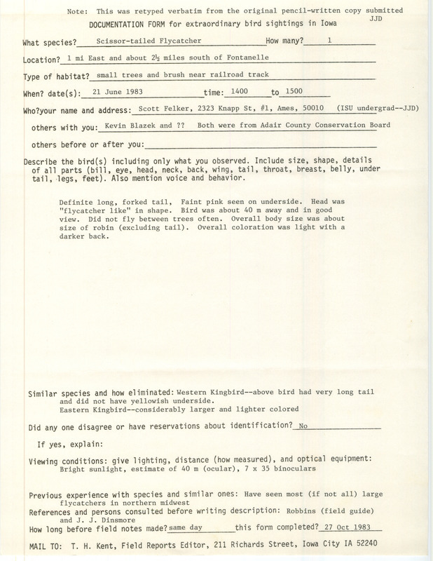 Rare bird documentation form for a Scissor-tailed Flycatcher east and south of Fontanelle in Adair County, IA on June 21, 1983.