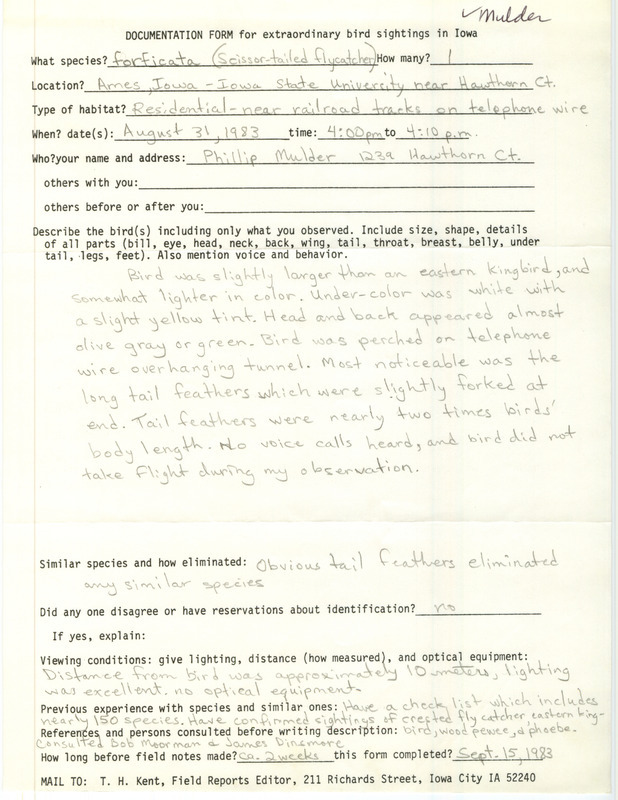 Rare bird documentation for a Scissor-tailed Flycatcher at Iowa State University in Ames in Story County, IA on August 31, 1983.