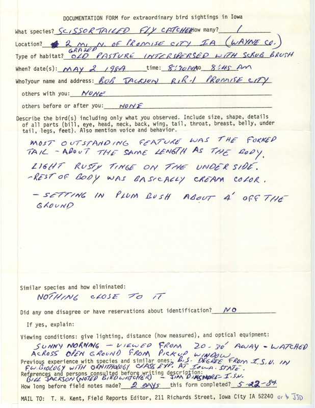 Rare bird documentation form for a Scissor-tailed Flycatcher north of Promise City in Wayne County, IA on May 2, 1984.