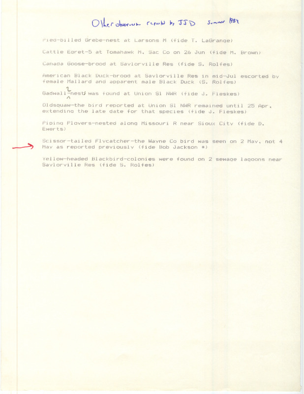 Field notes with several species sighting information compiled by James Dinsmore for the Summer of 1984. It includes a clarification for a Scissor-tailed Flycatcher sighted at Wayne County, IA on May 2, 1984 by Bob Jackson.