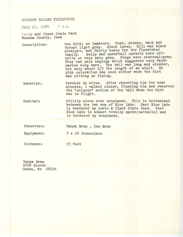 Rare bird documentation form for a Scissor-tailed Flycatcher at Lewis and Clark State Park in Monona County, IA on July 21, 1984.