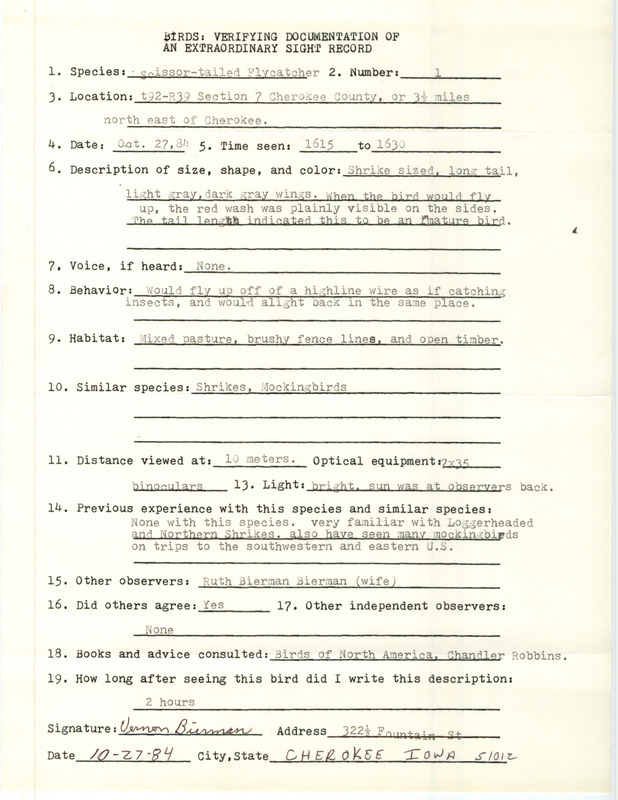 Rare bird documentation form for a Scissor-tailed Flycatcher northeast of Cherokee in Cherokee County, IA on October 27, 1984.