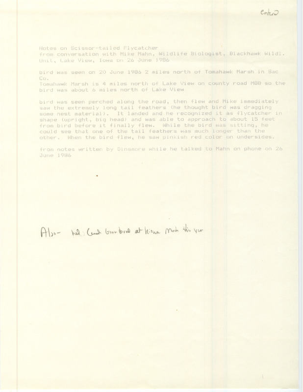 Field notes for a Scissor-tailed Flycatcher at Tomahawk March in Sac County, IA on June 20, 1986 by Michael Mahn. The account was given to the Iowa Ornithologists' Union through a phone call transcribed by James Dinsmore on June 26, 1986.