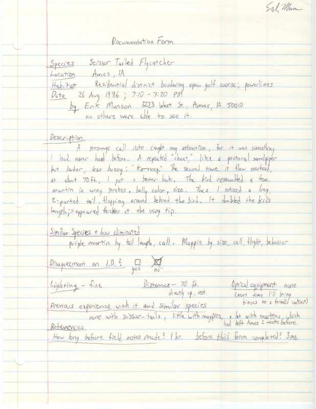 Rare bird documentation form for a Scissor-tailed Flycatcher at Ames in Story County, IA on August 26, 1986.