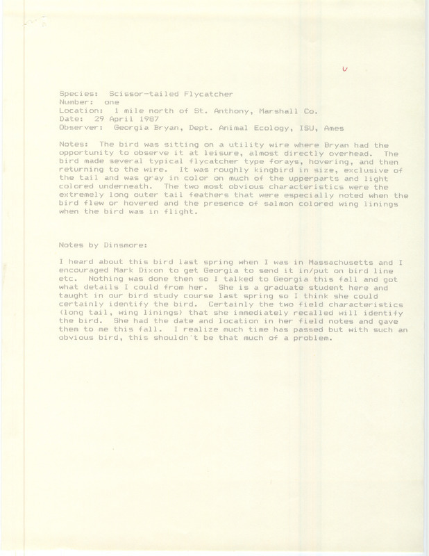 Rare bird documentation form for a Scissor-tailed Flycatcher north of St. Anthony in Marshall County, IA on April 29, 1987.