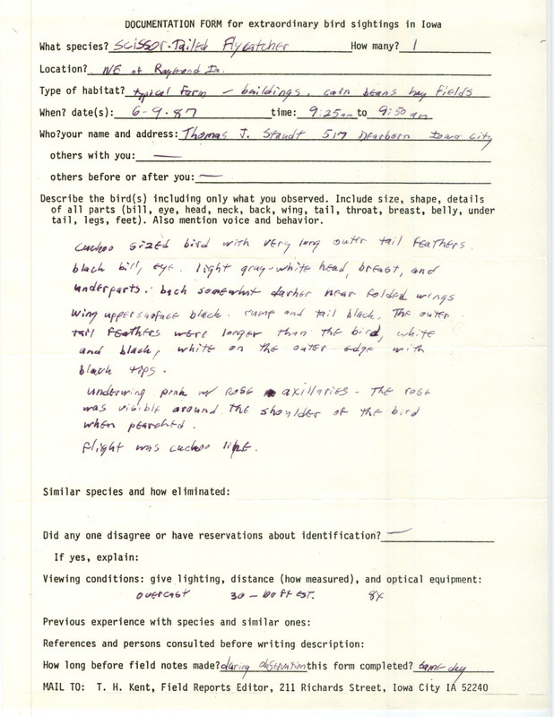 Rare bird documentation form for a Scissor-tailed Flycatcher northeast of Raymond in Black Hawk County, IA on June 9, 1987.