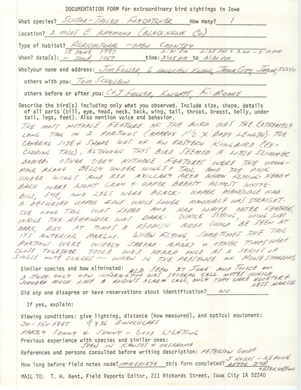 Rare bird documentation form for a Scissor-tailed Flycatcher east of Raymond in Black Hawk County, IA from June 11 to July 3, 1987.