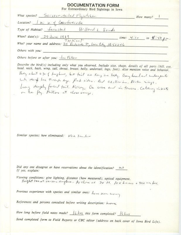 Rare bird documentation form for a Scissor-tailed Flycatcher north of Crawfordsville in Washington County, IA on June 29, 1989.