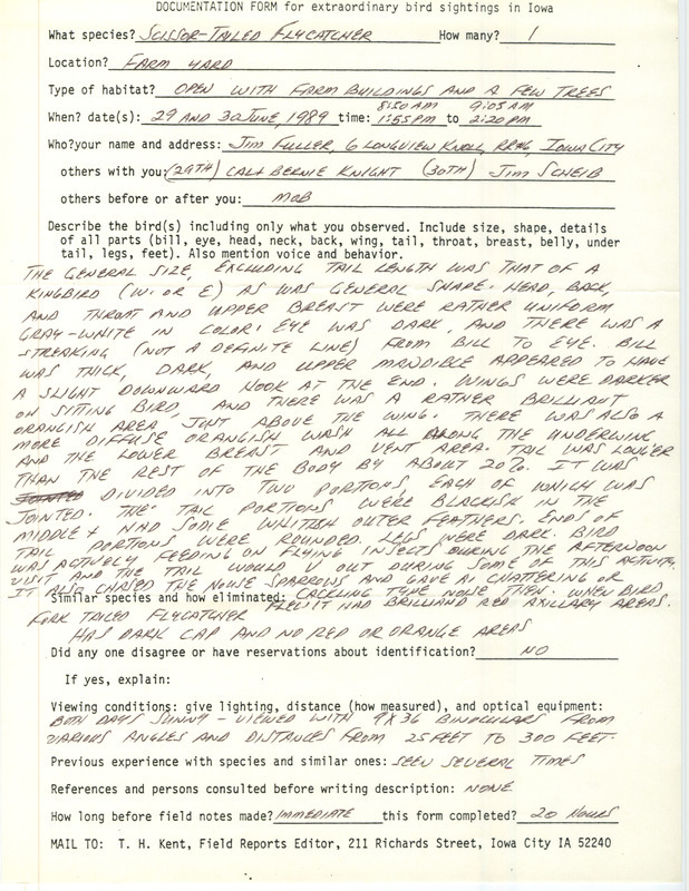 Rare bird documentation form for a Scissor-tailed Flycatcher north of Crawfordsville, Washington County, IA on June 29 and 30, 1989.