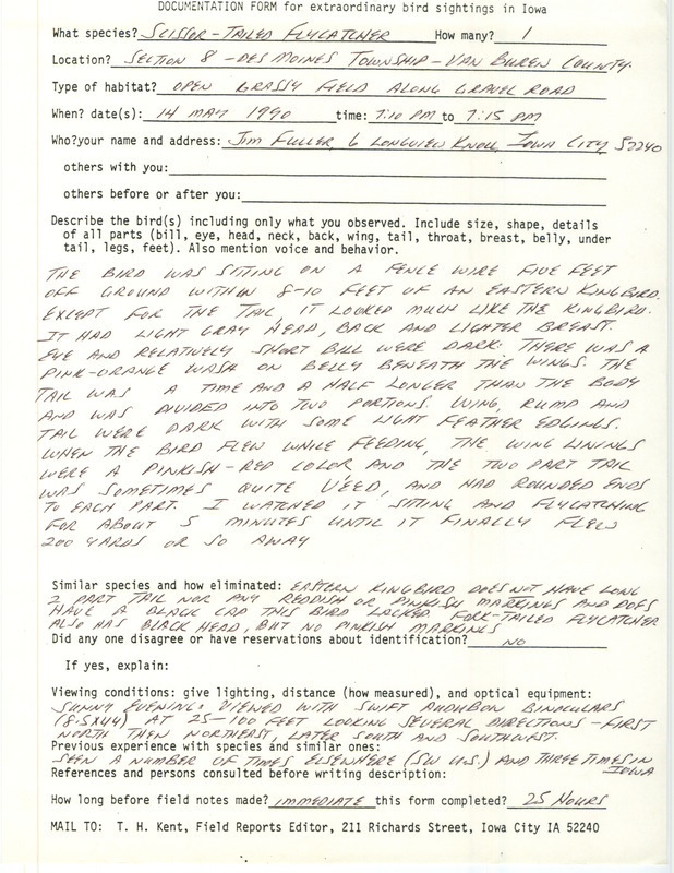 Rare bird documentation form for a Scissor-tailed Flycatcher at Des Moines Township in Van Buren County, IA on May 14, 1990.