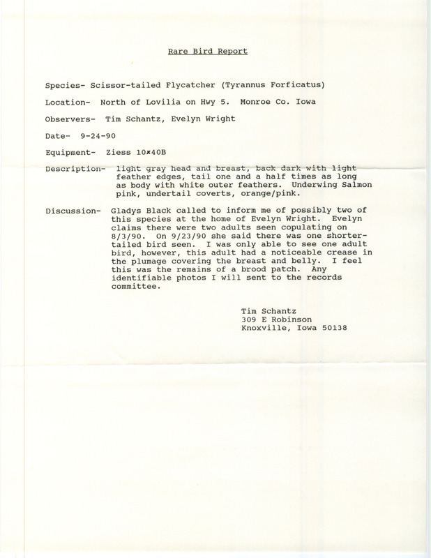 Field notes for Scissor-tailed Flycatcher sighting by Tim Schantz. The two birds were spotted on September 24, 1990 north of Lovilia in Monroe County, IA.