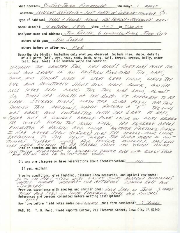 Rare bird documentation form for a Scissor-tailed Flycatcher north of Lovilia in Monroe County, IA on October 4, 1990.