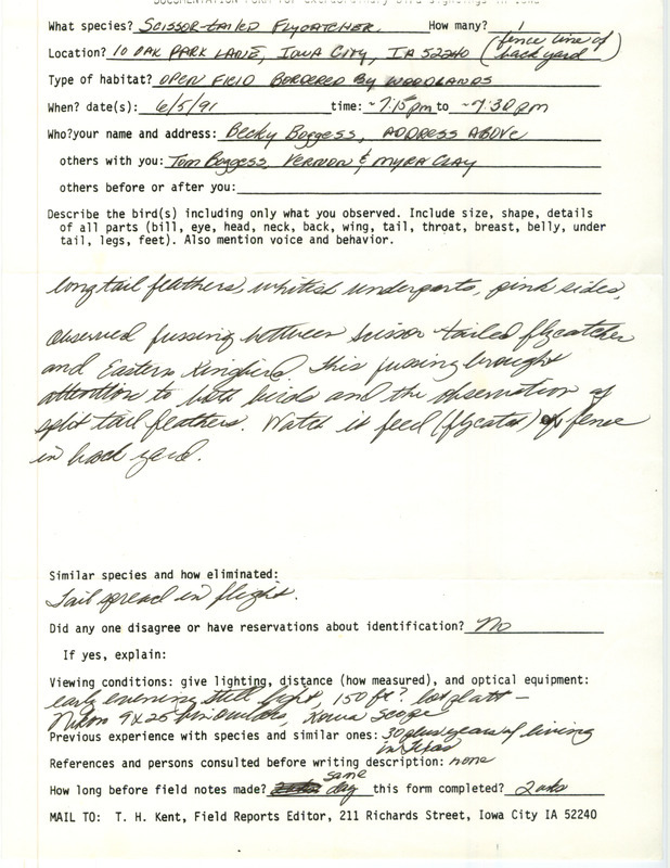 Rare bird documentation form for a Scissor-tailed Flycatcher at Iowa City in Johnson County, IA on June 5, 1991.