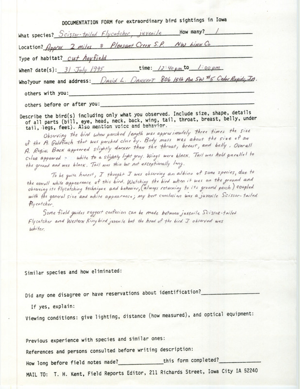 Rare bird documentation form for a Scissor-tailed Flycatcher south of Pleasant Creek State Park in Linn County, IA on July 31, 1995. It was submitted with a letter from Jim Dinsmore to Thomas Kent on an unknown date.