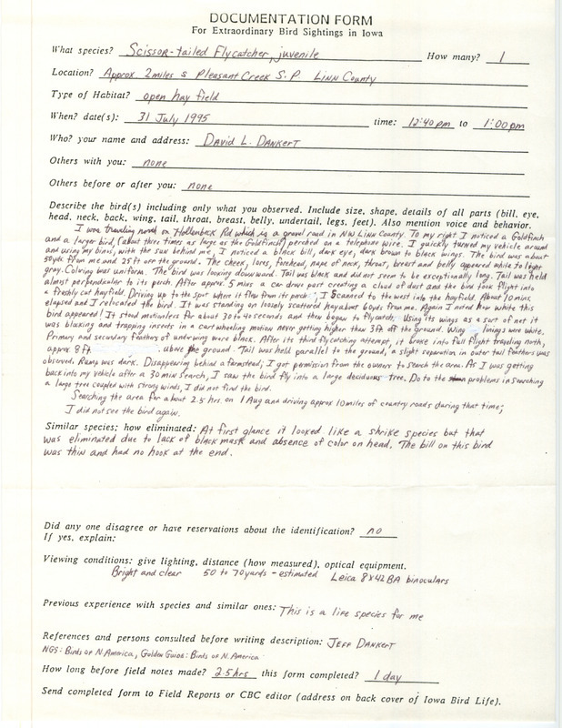 Rare bird documentation form for a Scissor-tailed Flycatcher south of Pleasant Creek State Park in Linn County, IA on July 31, 1995.