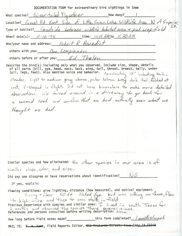 Rare bird documentation form for a Scissor-tailed Flycatcher at Little Swan Lake Wildlife Area in Dickinson County, IA on October 16, 1995.