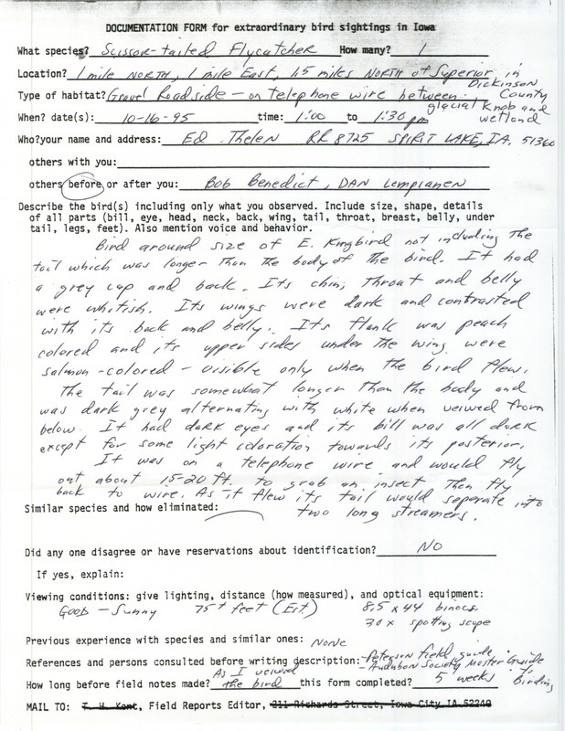 Rare bird documentation form for a Scissor-tailed Flycatcher north and east of Superior in Dickinson County, IA on October 16, 1995.