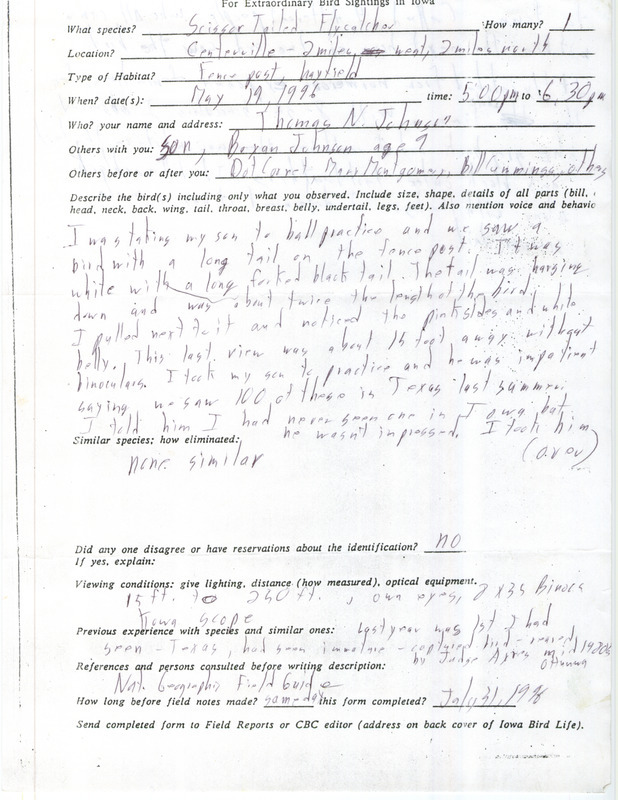 Rare bird documentation form for a Scissor-tailed Flycatcher west and north of Centerville in Appanoose County, IA on May 19, 1996.