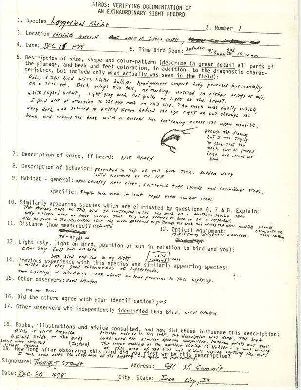 Rare bird documentation form for a Loggerhead Shrike at Coralville Reservoir west of Green Castle in Johnson County, IA on December 19, 1978.