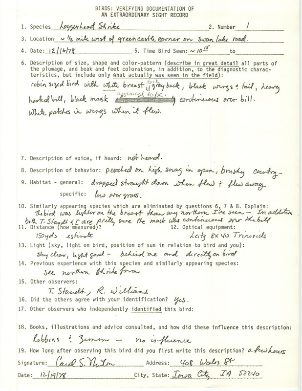 Rare bird documentation form for a Loggerhead Shrike west of Green Castle in Johnson County, IA on December 16, 1978.