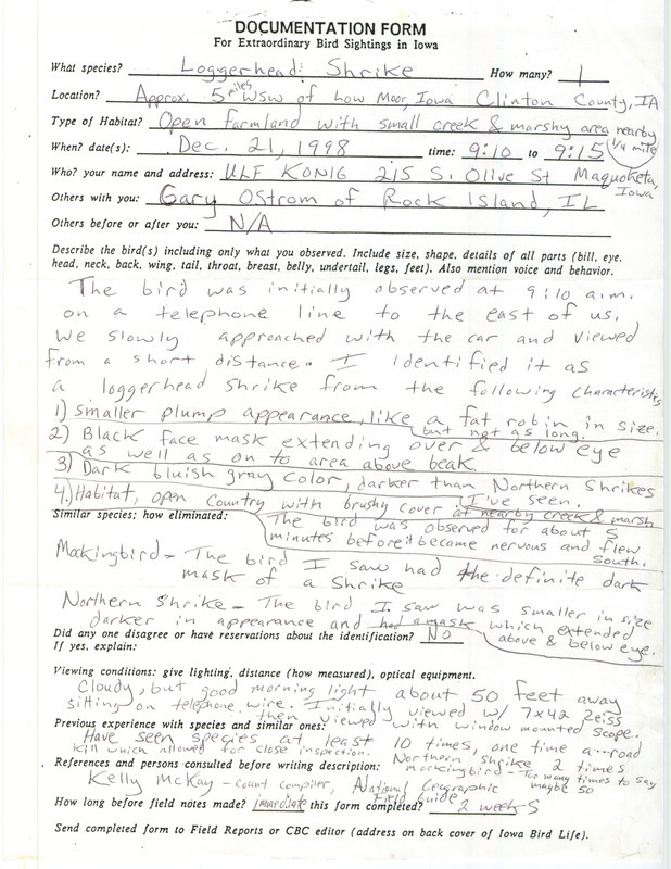 Rare bird documentation form for a Loggerhead Shrike at west southwest of Low Moor in Clinton County, IA on December 21, 1998.