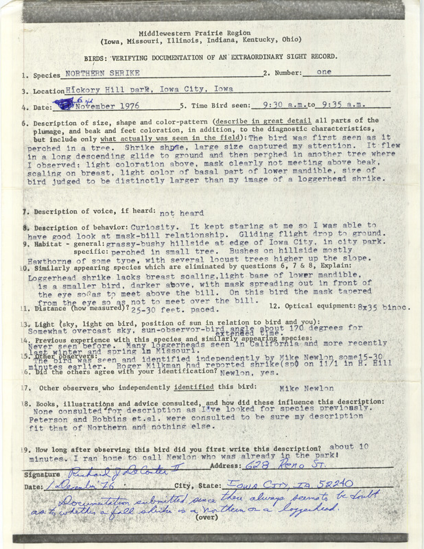 Rare bird documentation form for a Northern Shrike at Hickory Hill Park in Iowa City in Johnson County, IA on November 6, 1976.