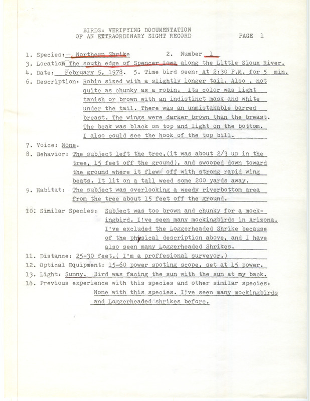 Rare bird documentation form for a Northern Shrike at the south edge of Spencer in Clay County, IA on February 5, 1978.