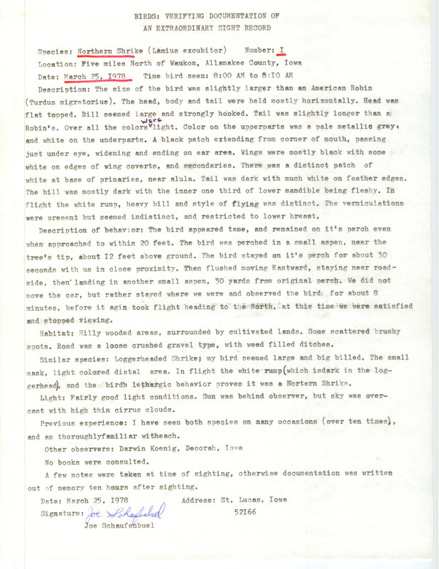 Rare bird documentation form for a Northern Shrike north of Waukon in Allamakee County, IA on March 25, 1978.