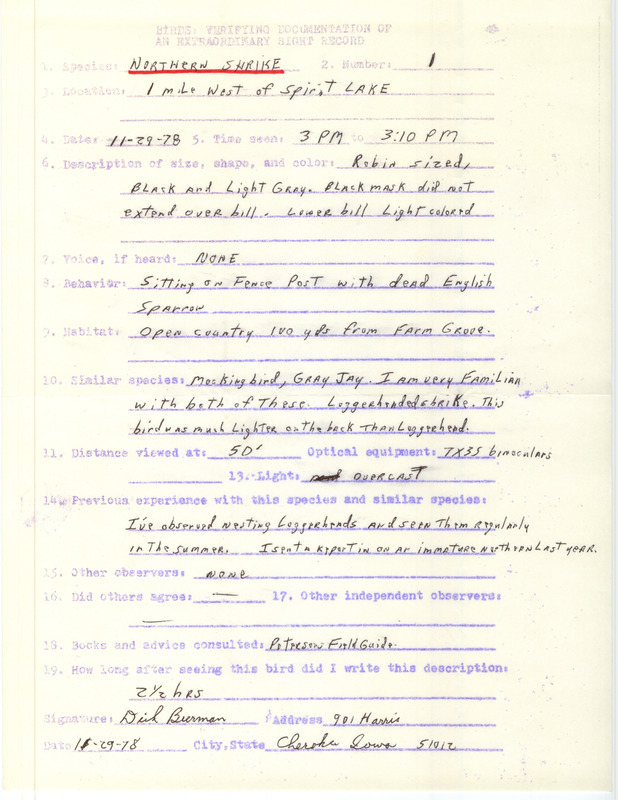 Rare bird documentation form for a Northern Shrike west of Spirit Lake in Dickinson County, IA on November 29, 1978.