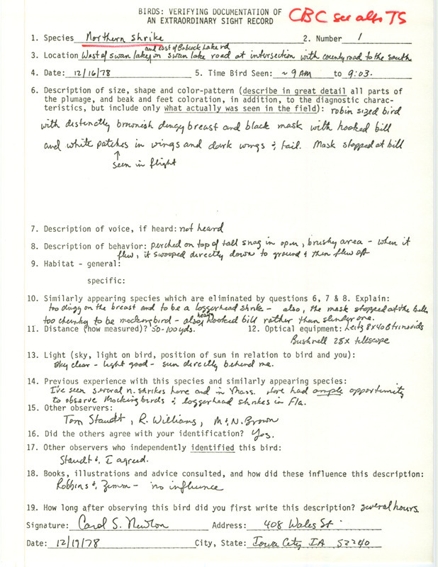 Rare bird documentation form for a Northern Shrike at Babcock Access in Johnson County, IA on December 16, 1978.