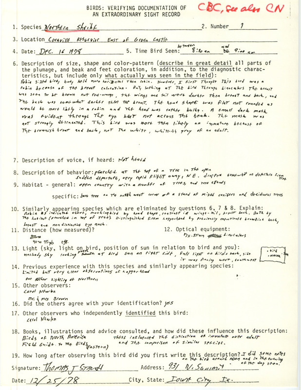 Rare bird documentation form for a Northern Shrike east of Green Castle at Coralville Reservoir in Johnson County, IA on December 16, 1978.