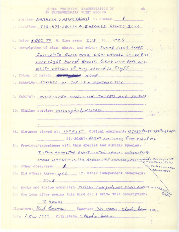 Rare bird documentation form for a Northern Shrike near Peterson in Cherokee County, IA on December 1, 1979.