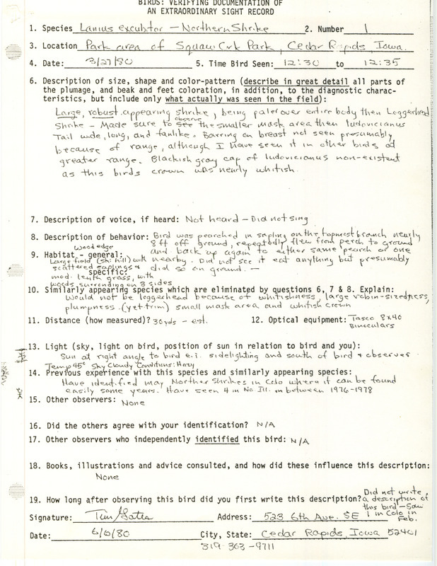 Rare bird documentation form for a Northern Shrike at Squaw Creek Park in Cedar Rapids in Linn County, IA on March 27, 1980.