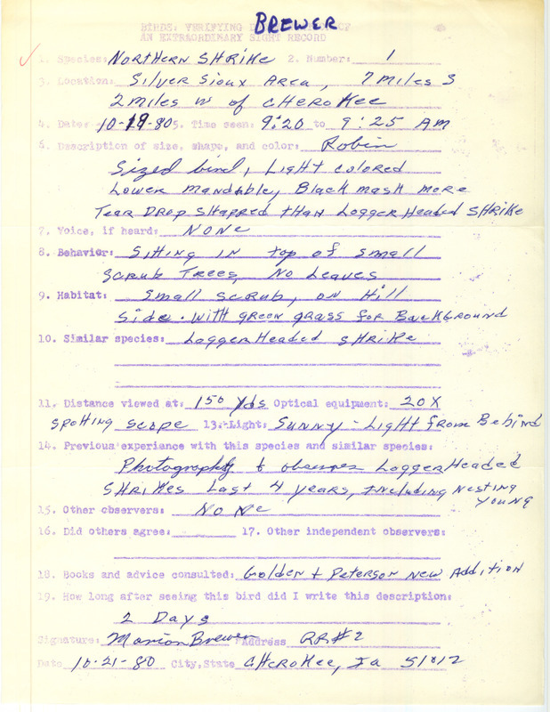 Rare bird documentation form for a Northern Shrike at Silver Sioux Recreation Area in Cherokee County, IA on October 19, 1980.