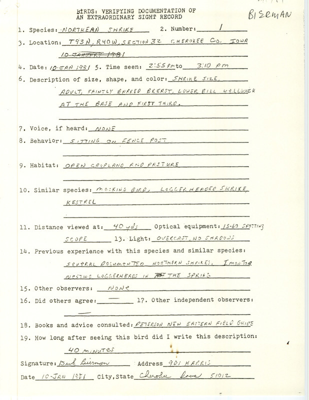 Rare bird documentation form for a Northern Shrike in Cherokee County, IA on January 10, 1981.