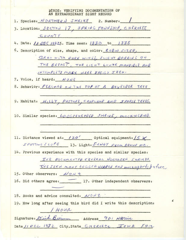 Rare bird documentation form for a Northern Shrike at Spring Township in Cherokee County, IA on December 11, 1982.