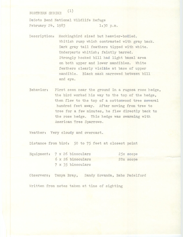 Rare bird documentation form for a Northern Shrike at DeSoto Bend National Wildlife Refuge in Harrison County, IA on February 24, 1983.