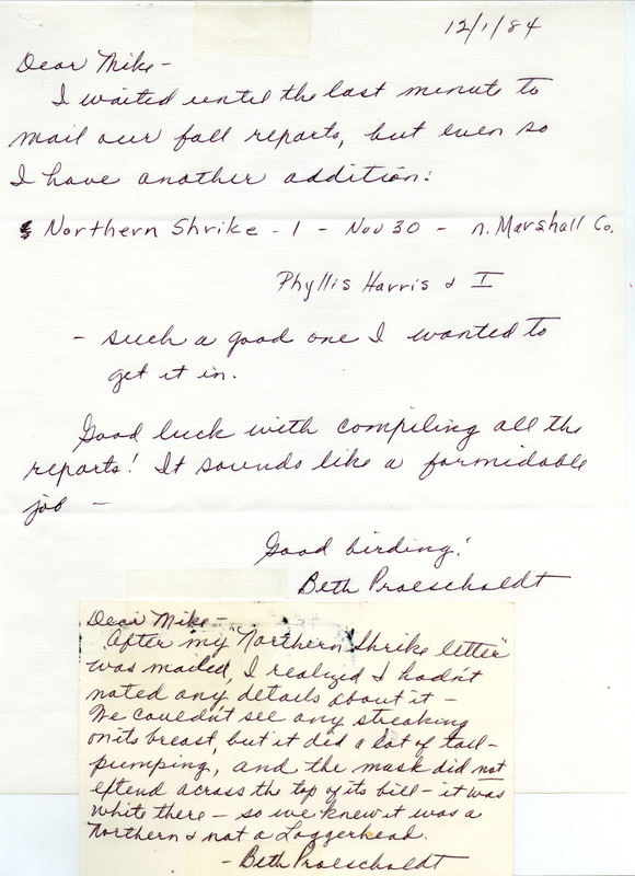 Letter from Beth Proescholdt to Michael C. Newlon adding a Northern Shrike sighting to the fall report on December 1, 1984. The shrike was seen on November 30 in northern Marshall County, IA.