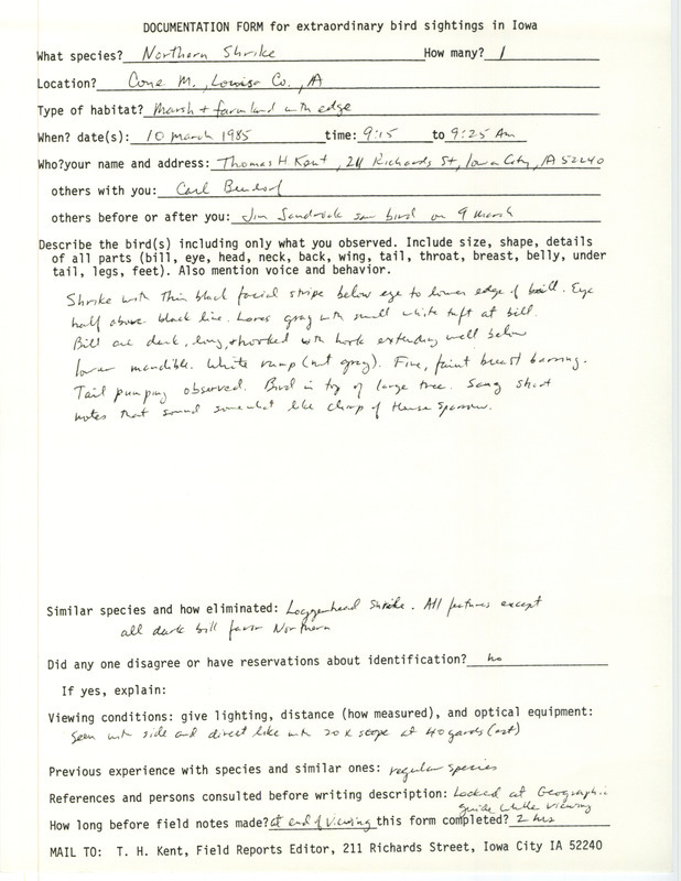 Rare bird documentation form for a Northern Shrike at Cone March in Louisa County, IA on March 10, 1985.