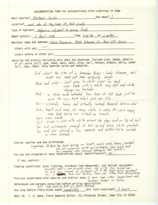 Rare bird documentation form for a Northern Shrike at Big Creek State Park in Polk County, IA on April 6, 1985.