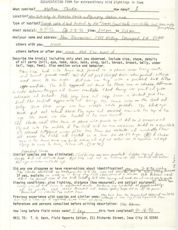 Rare bird documentation form for a Northern Shrike at Princeton March in Scott County, IA on March 8 and April 5, 1992.