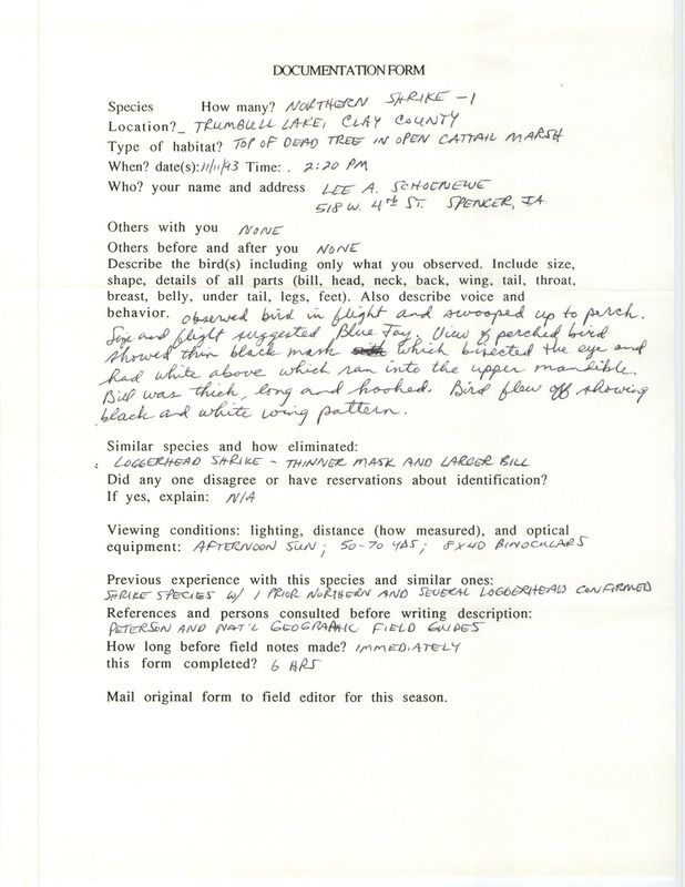 Rare bird documentation form for a Northern Shrike at Trumbull Lake in Clay County, IA on November 11, 1993.