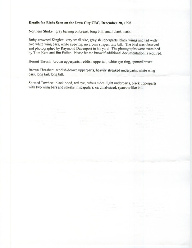 Field notes for birds sighted during the Christmas bird County at Iowa City in Johnson County, IA on December 20, 1998. Includes a Northern Shrike sighting.