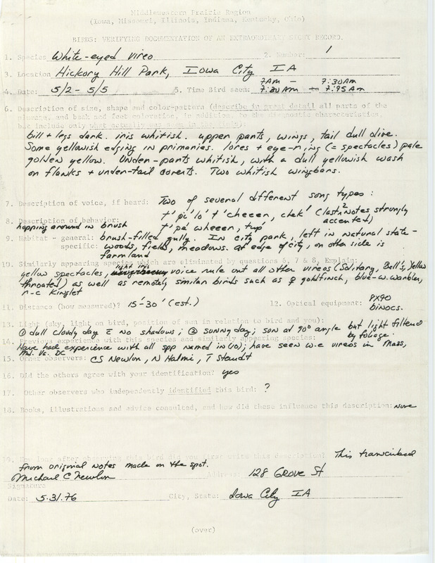 Rare bird documentation form for a White-eyed Vireo at Hickory Hill Park in Johnson County, IA from May 2 to May 5, 1976.