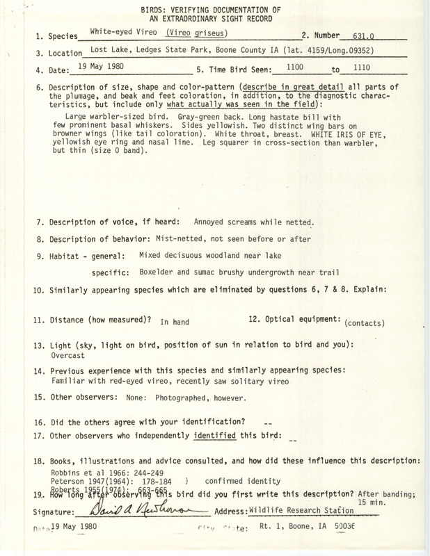 Rare bird documentation form for six hundred thirty-one White-eyed Vireos at Lost Lake at Ledges State Park in Boone County, IA on May 19, 1980.