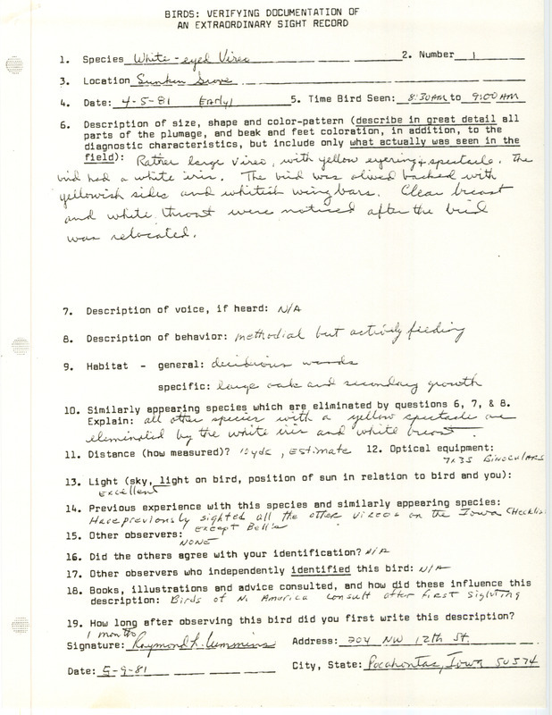 Rare bid documentation form for a White-eyed Vireo at Sunken Grove in Pocahontas County, IA on April 5, 1981.