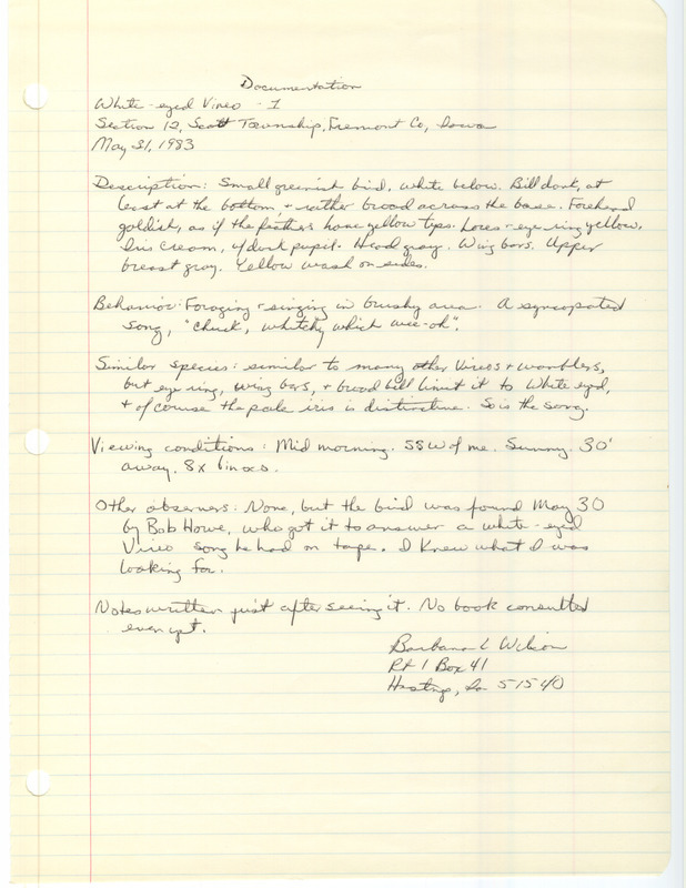 Rare bird documentation form for a White-eyed Vireo at Scott Township in Fremont County, IA on May 31, 1983.