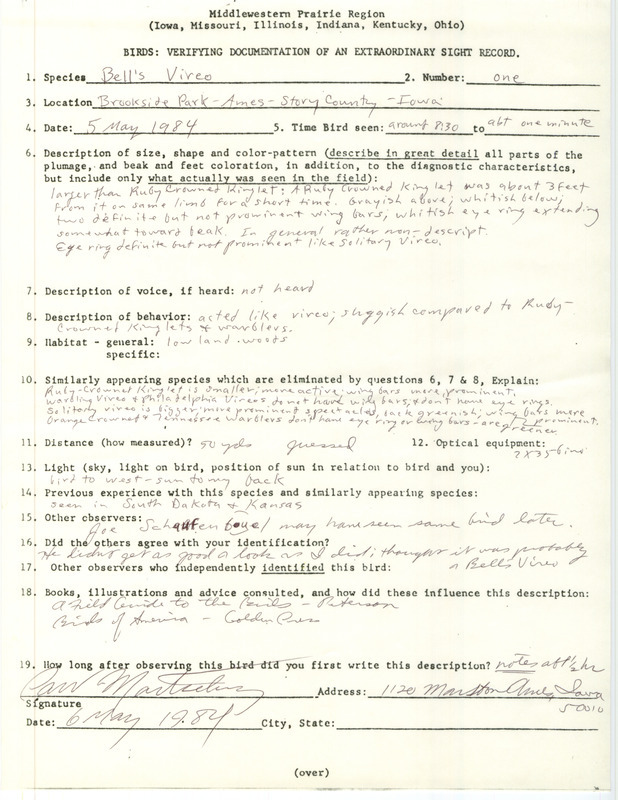 Rare bird documentation form for a Bell's Vireo at Brookside Park in Ames in Story County, IA on May 5, 1984.