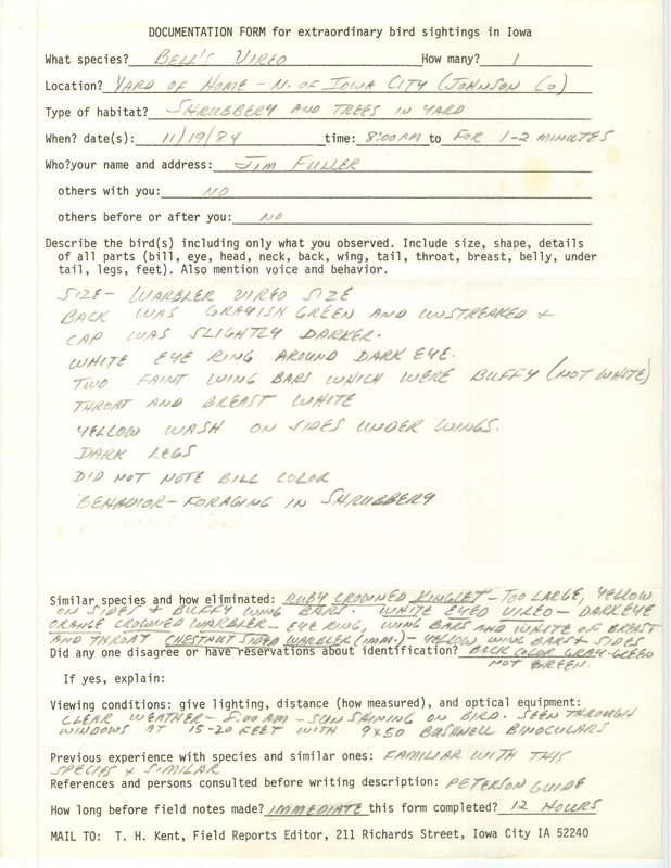 Rare bird documentation form for a Bell's Vireo north of Iowa City in Johnson County, IA on November 19, 1984.