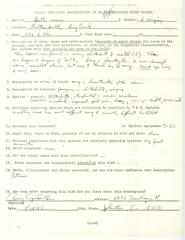 Rare bird documentation form for six Bell's Vireos at Big Creek State Park in Polk County, IA from May 26 to July 21, 1985.